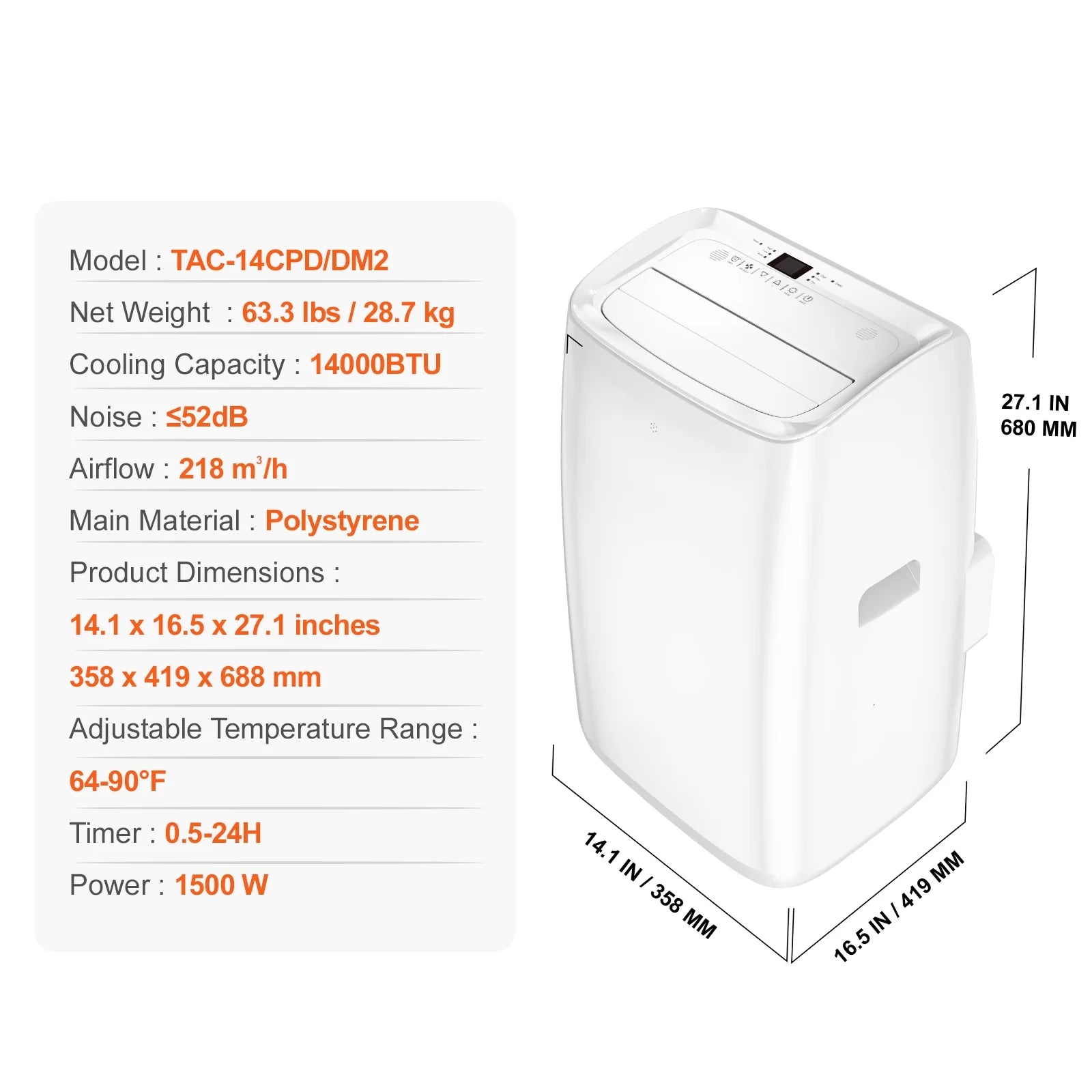 KFFKFF 14,000 BTU Mobile Air Conditioning Unit, Versatile 3-in-1 AC , Suits 550-700 Sq.Ft Spaces, Features Cooling, Dehumidifying, Fan Modes, Quiet Operation, and Comprehensive Accessories