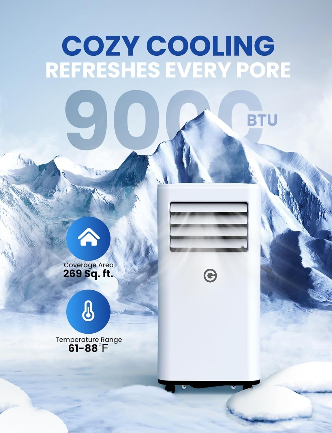 Air Conditioning Unit Portable Air Conditioner 9000 BTU 4-in-1 Dehumidifier, Cooling Fan with 2 Speeds, Digital Display & Remote Control, Window Kit, 24 Hour Timer for Room Up to 269sq.ft