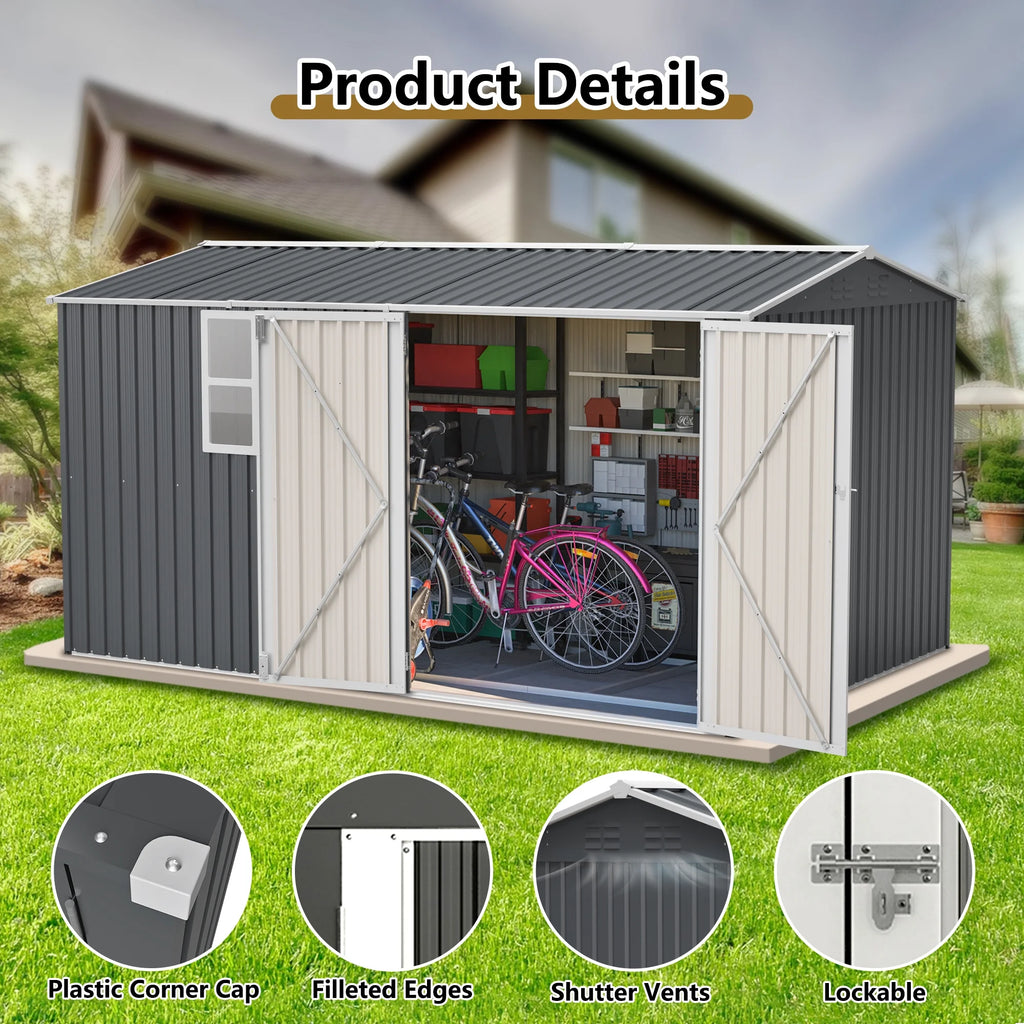 12x8 Ft Outdoor Storage Shed with Floor Frame, Metal Garden Tool Shed with Lockable Doors & Window, Ideal for Backyard Garden Patio Lawn, Grey