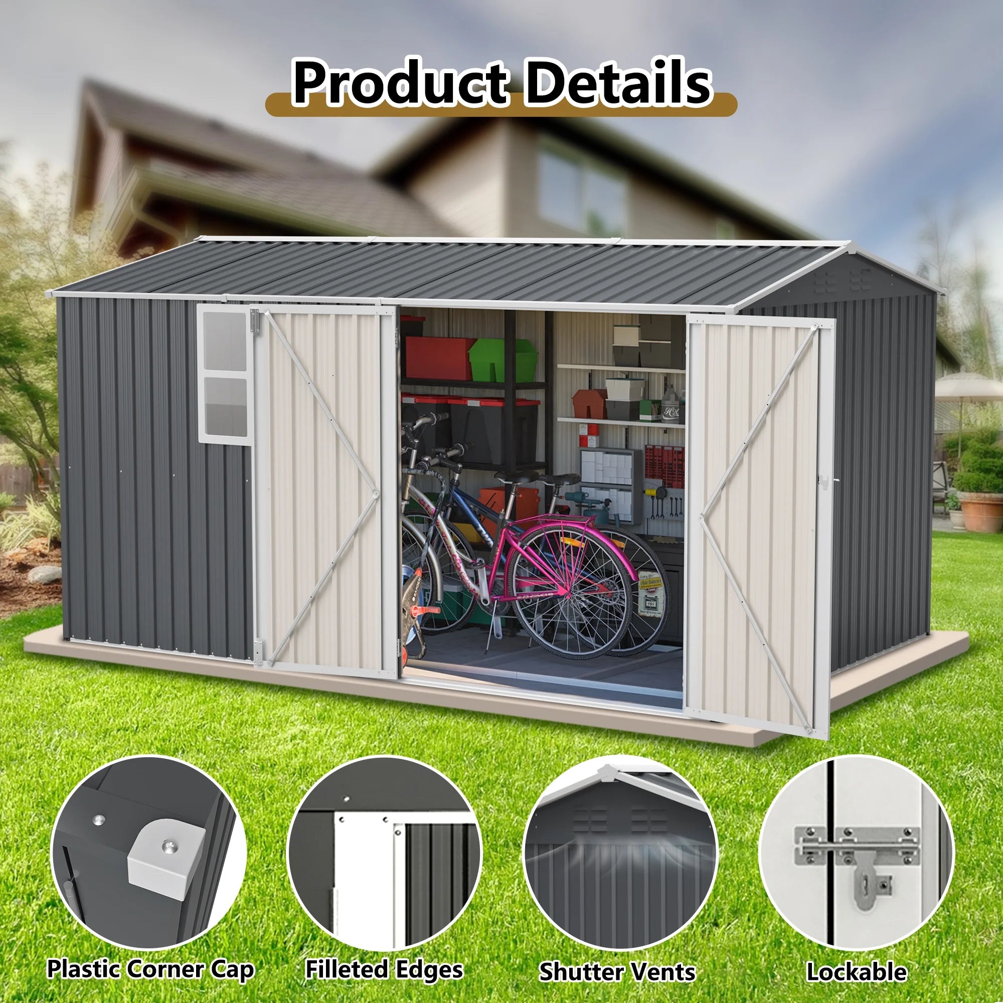 12x8 Ft Outdoor Storage Shed with Floor Frame, Metal Garden Tool Shed with Lockable Doors & Window, Ideal for Backyard Garden Patio Lawn, Grey