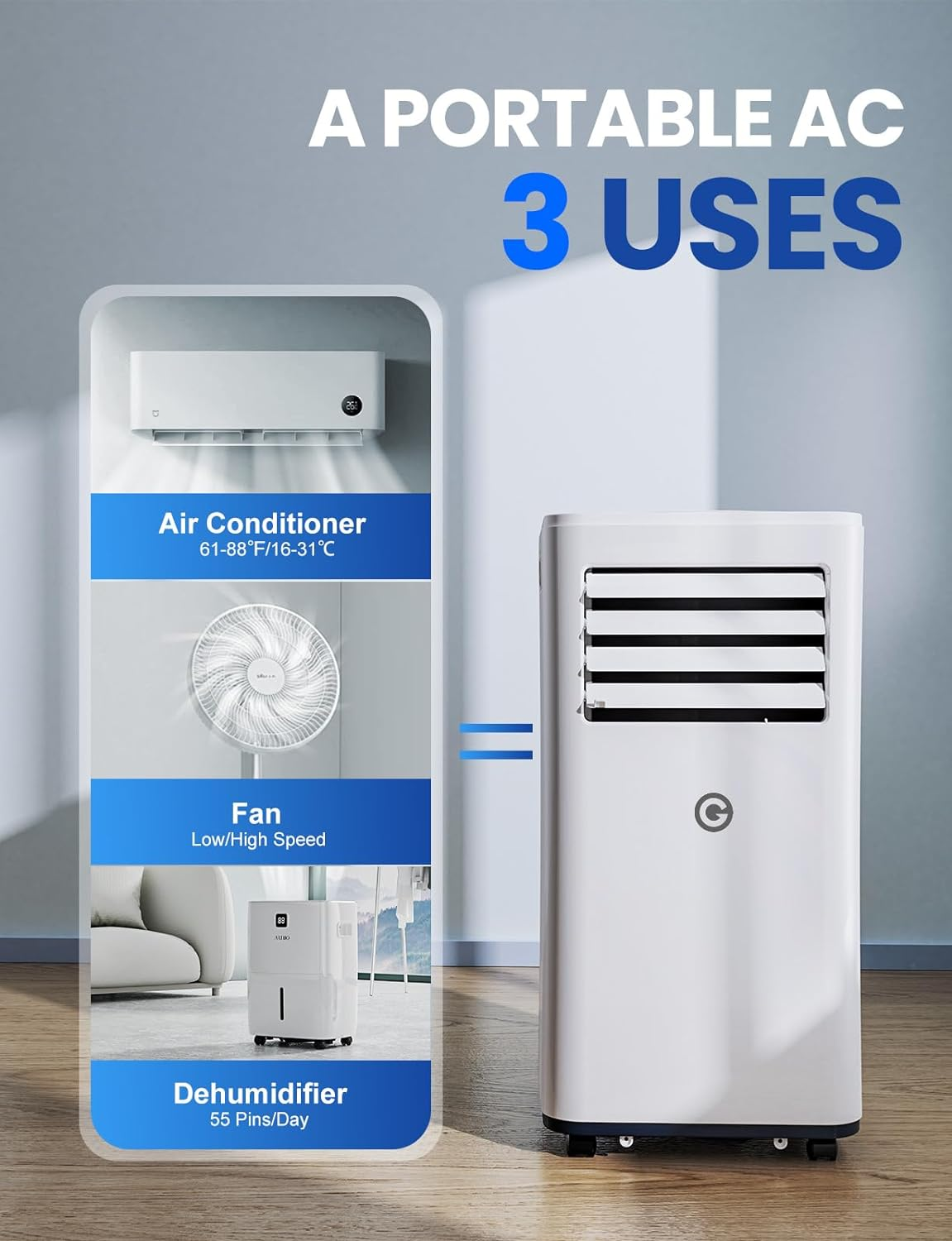 Air Conditioning Unit Portable Air Conditioner 9000 BTU 4-in-1 Dehumidifier, Cooling Fan with 2 Speeds, Digital Display & Remote Control, Window Kit, 24 Hour Timer for Room Up to 269sq.ft