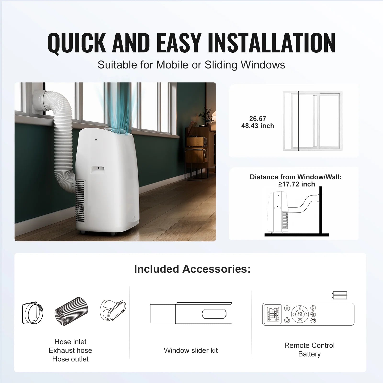 KFFKFF 14,000 BTU Mobile Air Conditioning Unit, Versatile 3-in-1 AC , Suits 550-700 Sq.Ft Spaces, Features Cooling, Dehumidifying, Fan Modes, Quiet Operation, and Comprehensive Accessories