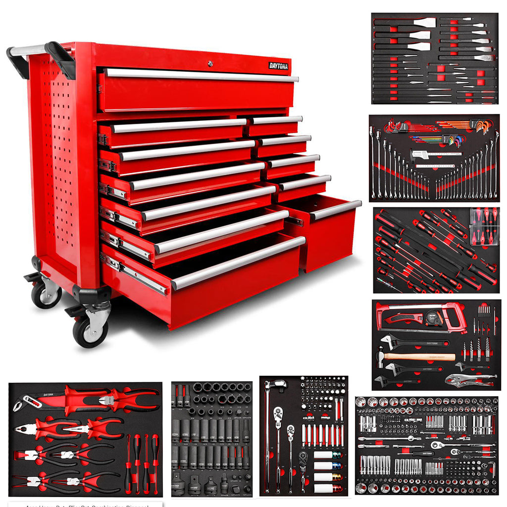 Daytona 655 Piece  Mechanical Tool Set with 43" 12 Drawer Red Roller Cabinet