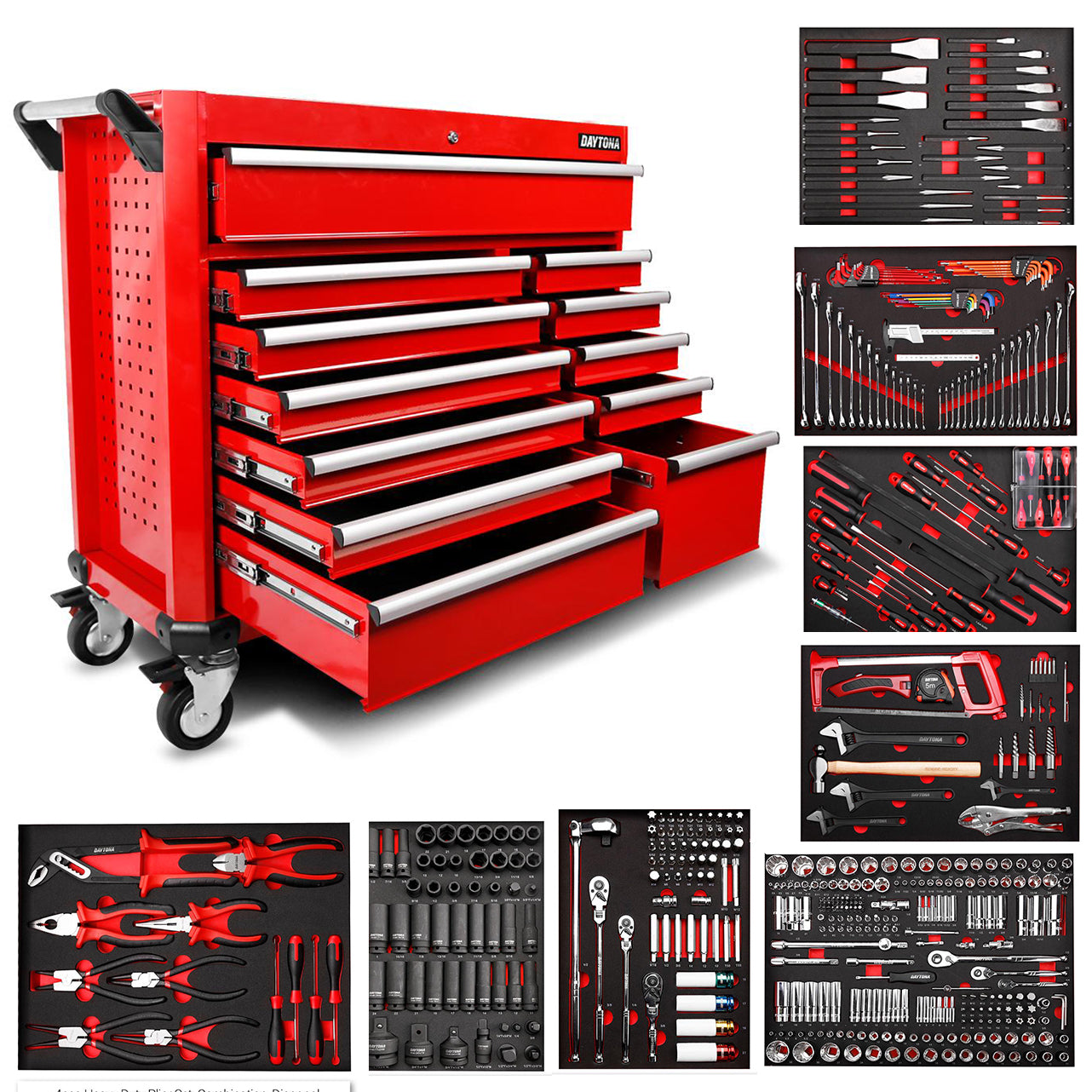 Daytona 655 Piece  Mechanical Tool Set with 43" 12 Drawer Red Roller Cabinet