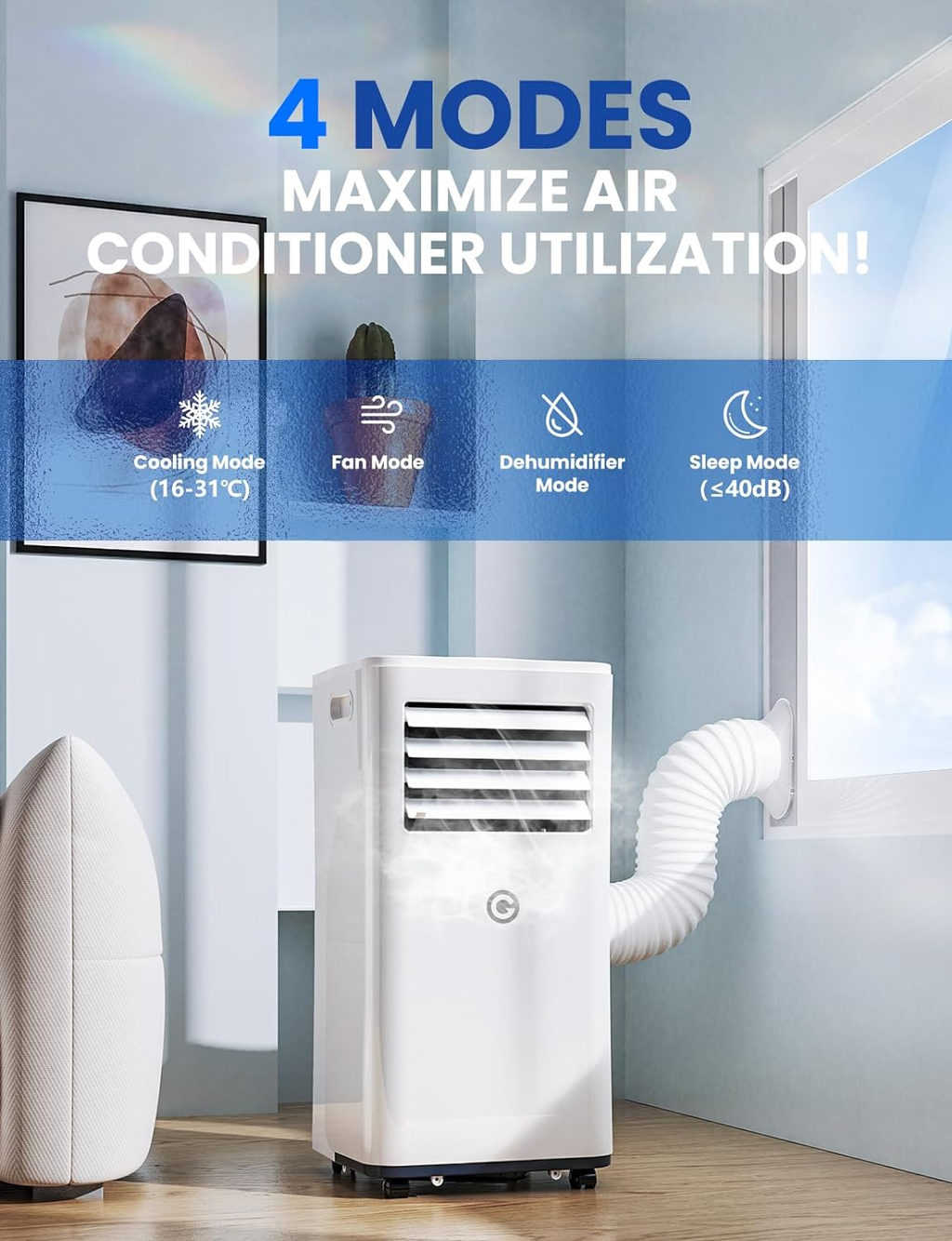 Air Conditioning Unit Portable Air Conditioner 9000 BTU 4-in-1 Dehumidifier, Cooling Fan with 2 Speeds, Digital Display & Remote Control, Window Kit, 24 Hour Timer for Room Up to 269sq.ft