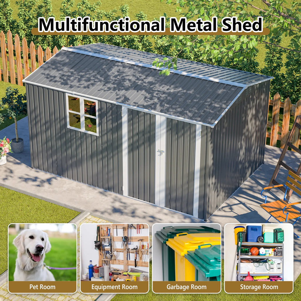 12x8 Ft Outdoor Storage Shed with Floor Frame, Metal Garden Tool Shed with Lockable Doors & Window, Ideal for Backyard Garden Patio Lawn, Grey