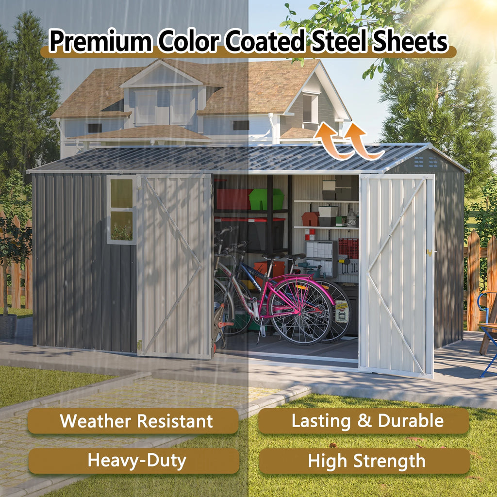 12x8 Ft Outdoor Storage Shed with Floor Frame, Metal Garden Tool Shed with Lockable Doors & Window, Ideal for Backyard Garden Patio Lawn, Grey
