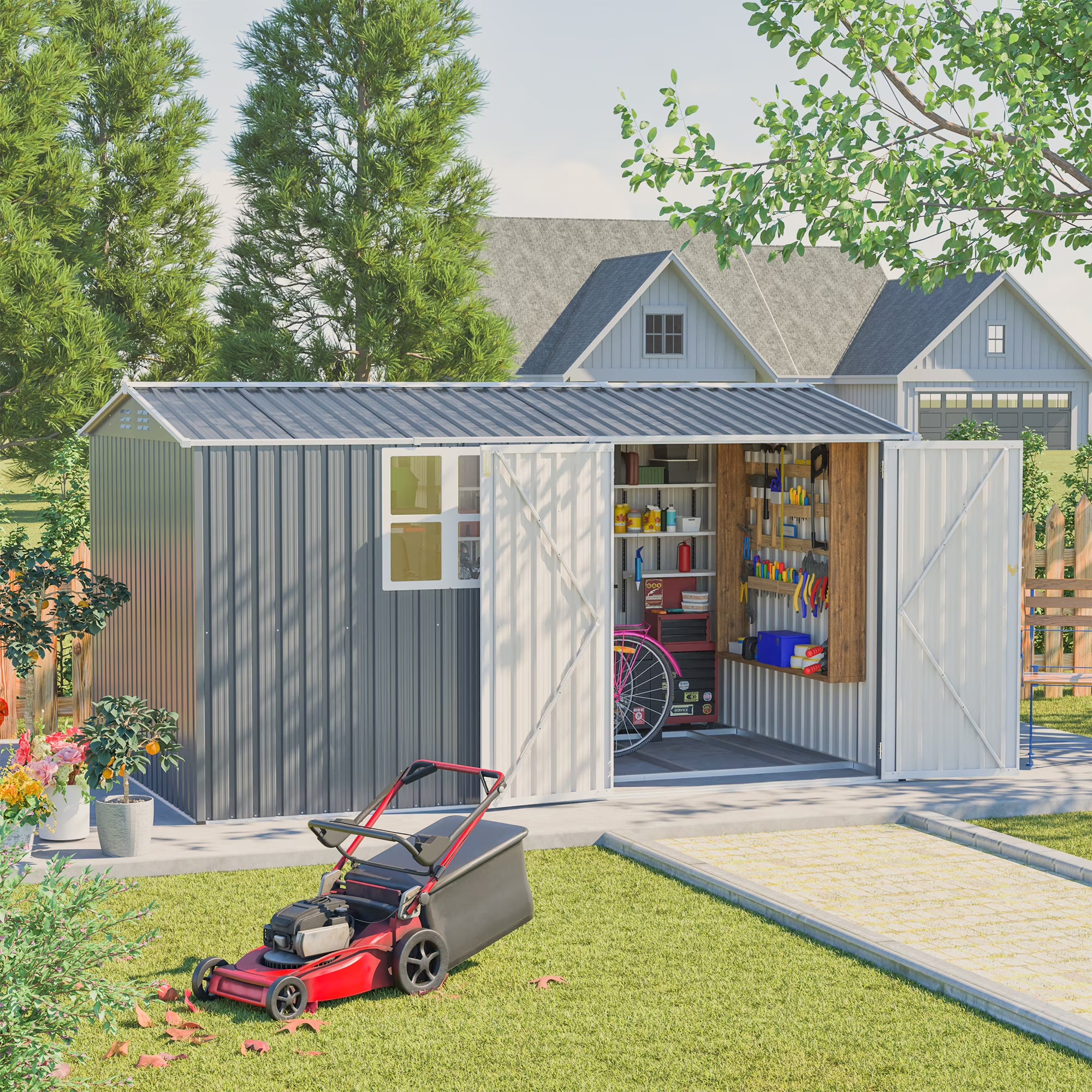12x8 Ft Outdoor Storage Shed with Floor Frame, Metal Garden Tool Shed with Lockable Doors & Window, Ideal for Backyard Garden Patio Lawn, Grey