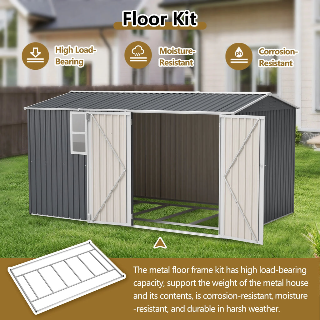 12x8 Ft Outdoor Storage Shed with Floor Frame, Metal Garden Tool Shed with Lockable Doors & Window, Ideal for Backyard Garden Patio Lawn, Grey