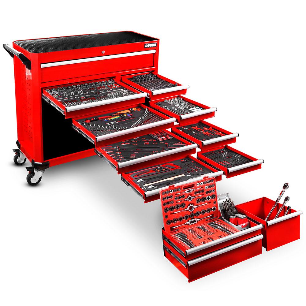 Daytona 655 Piece  Mechanical Tool Set with 43" 12 Drawer Red Roller Cabinet