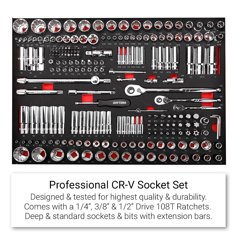 Daytona 655 Piece  Mechanical Tool Set with 43" 12 Drawer Red Roller Cabinet