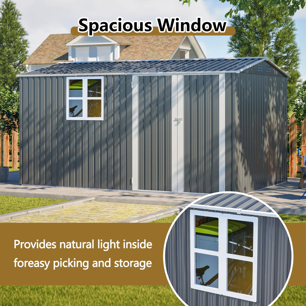 12x8 Ft Outdoor Storage Shed with Floor Frame, Metal Garden Tool Shed with Lockable Doors & Window, Ideal for Backyard Garden Patio Lawn, Grey