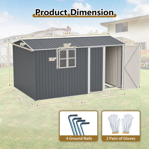 12x8 Ft Outdoor Storage Shed with Floor Frame, Metal Garden Tool Shed with Lockable Doors & Window, Ideal for Backyard Garden Patio Lawn, Grey